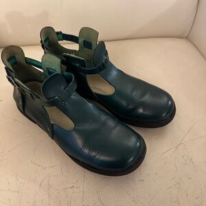 Teal Leather T-Strap Shoes